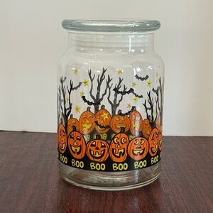 Vintage Libbey Halloween Glass Jar Cannister With Lid  Orange and Black Pumpkins